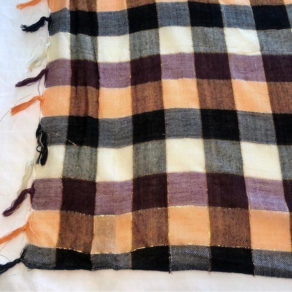 Forever 21 Scarf Square Buffalo Check Ivory Black Orange Metallic Thread Fringed - Picture 10 of 16